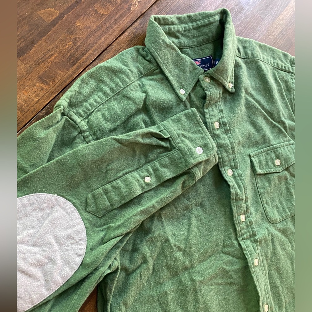 Vineyard Vines Crosby Flannel Shirt Button Down Mens M Elbow Patches Green Gray